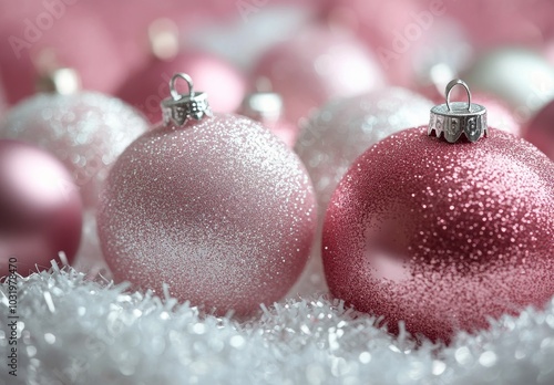 Elegant pink and silver Christmas ornaments arranged on a snowy surface durin...