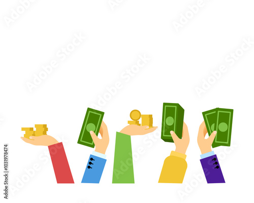Capitalism, many hands with money. Vector simple color flat illustration.