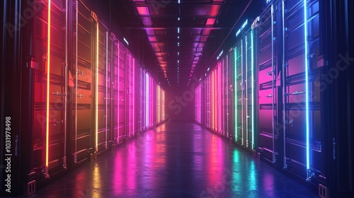 Glowing neon cargo containers in futuristic digital high-tech shipping