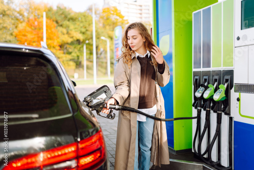 Woman inserts a fuel gun in a gas tank to refuel a car. Avto trip.