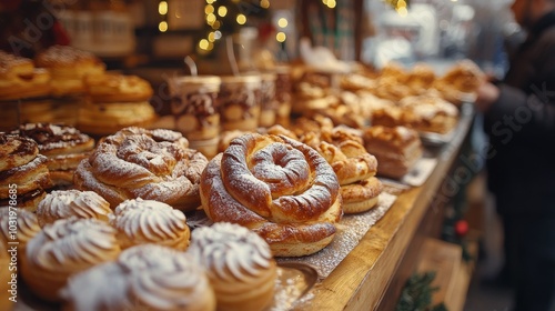 Delicious baked goods displayed at a festive market during the holiday season