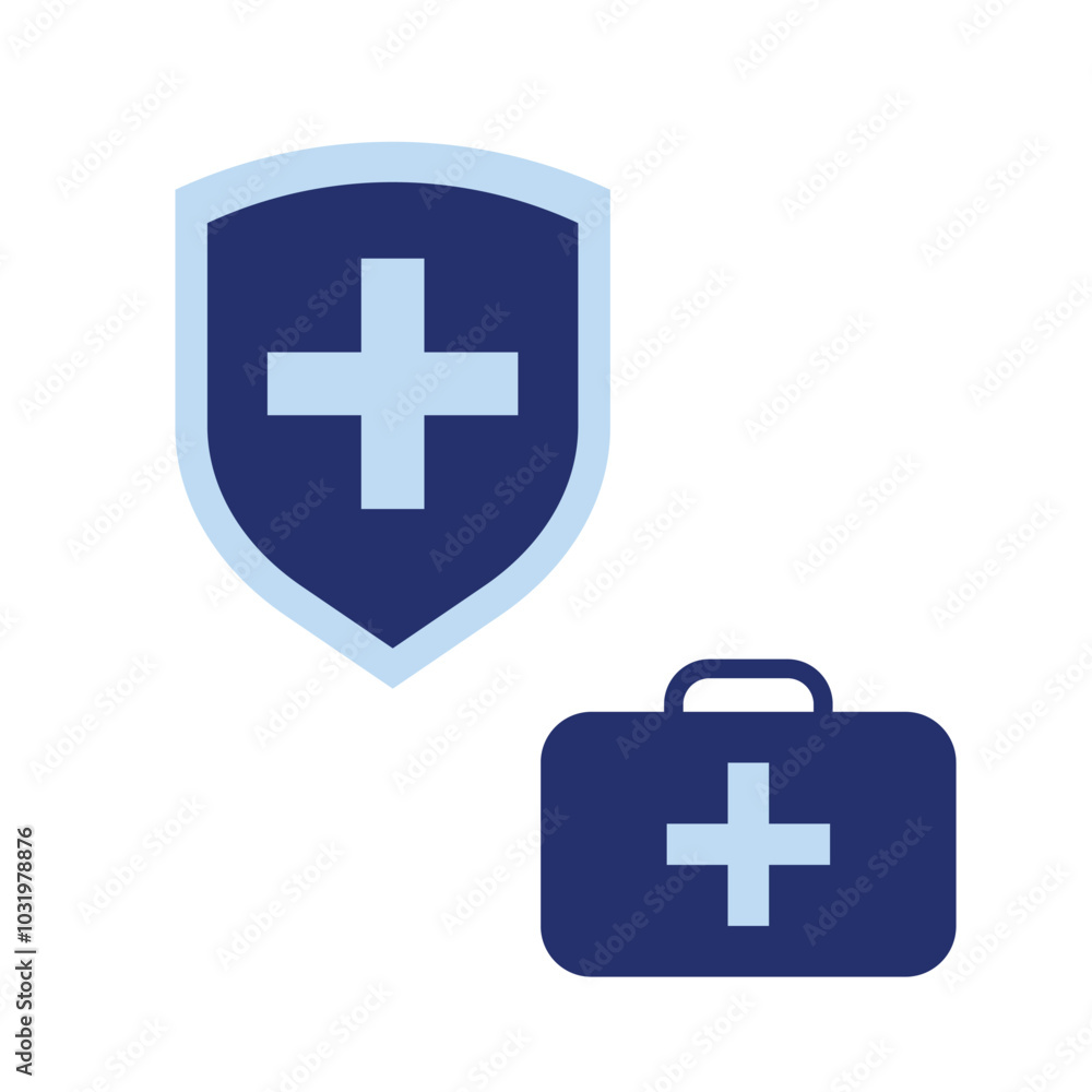 Obraz premium Health care, medicine. A shield with a cross and a first aid kit. Vector simple color flat illustration.