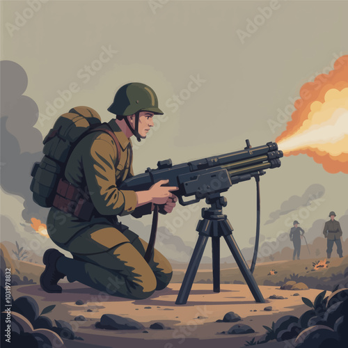 Soldier Firing Machine Gun in Battle  
