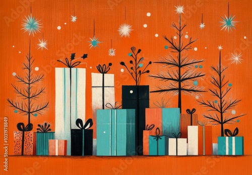 Colorful winter landscape with trees and gifts set against a vibrant orange b...