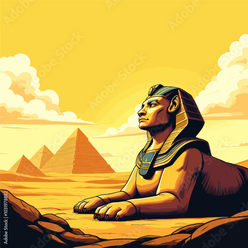 Sphinx and Pyramids in Desert Landscape