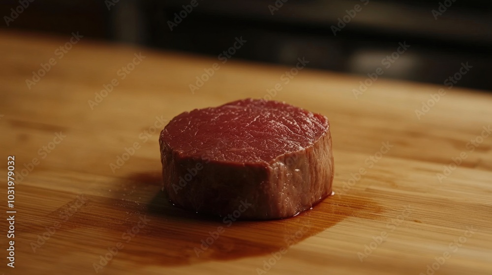Freshly cut beef tenderloin resting on a wooden cutting board in a cozy kitchen setting during a late afternoon Freshly cut beef tenderloin resting on a wooden cutting board in a cozy kitchen setting during a late afternoon