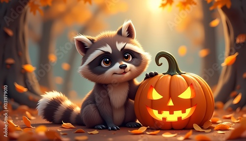 Adorable cartoon raccoon beside a glowing jack-o'-lantern in a colorful autumn setting