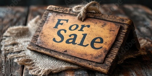 Rustic wooden For Sale sign with a jute twine handle resting on a piece of burlap, placed on a weathered wooden surface