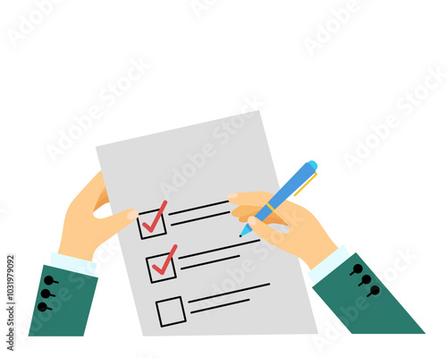 A hand holds a pen and a document. Checklist. Vector simple color flat illustration.