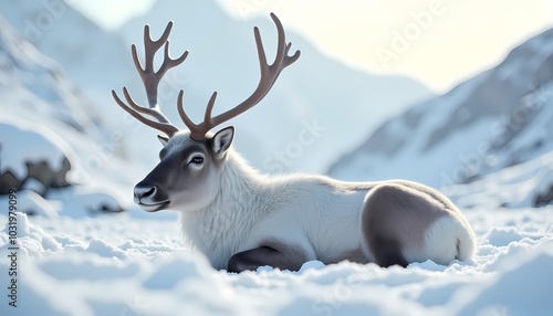 Majestic reindeer resting in a snowy landscape with mountains in the background