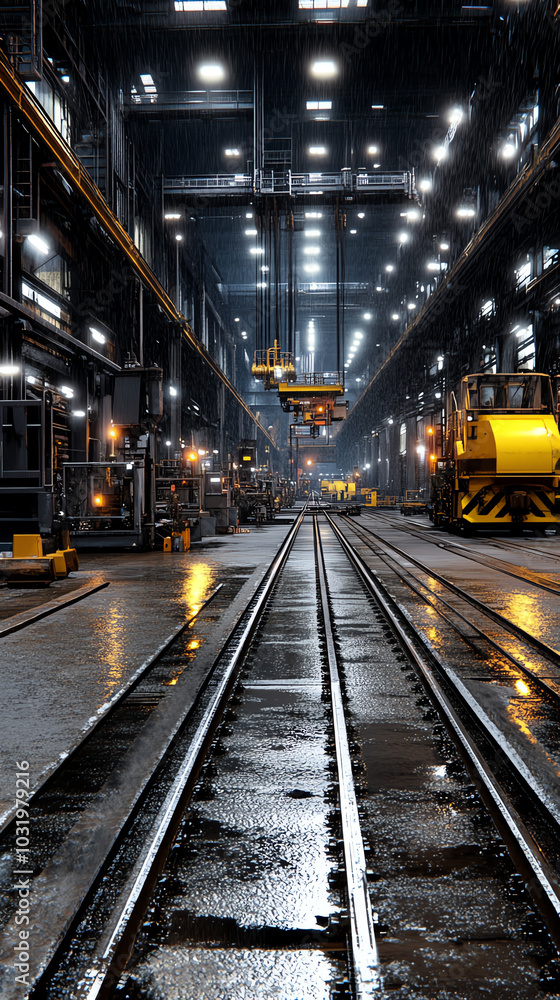 Industrial warehouse with machinery and rail tracks Industrial warehouse with machinery and rail tracks