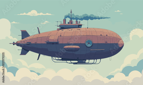 Steampunk Airship Soaring Through Clouds 
