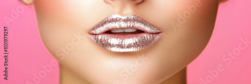 Close-Up Of Beautiful Womans Lips With Silver Lipstick And Makeup On A Pink Background