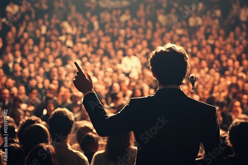 Speaker Addressing Large Audience in Formal Event Setting 