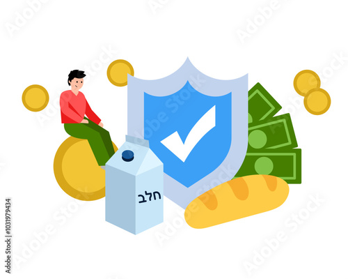 Guaranteed income, basic protected income in order to help a person to buy a basic products. Milk and bread. Vector simple color flat illustration.