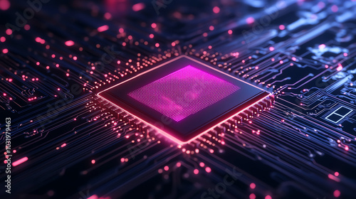 Obraz na płótnie A close-up view of a computer chip on a printed circuit board, adorned with glowing pink and blue lights, showcasing modern technology and intricate circuitry. w salonie