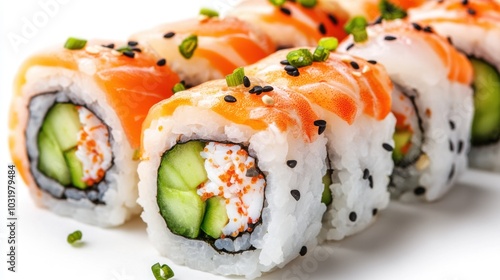 Delightful sushi rolls with fresh salmon and cucumber, garnished with black sesame seeds and chives on a white plate