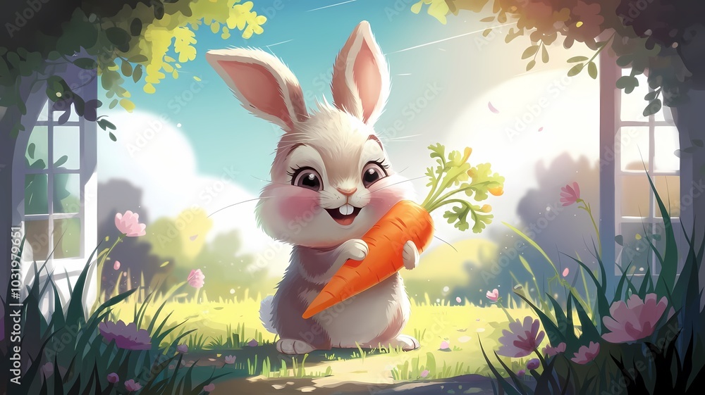 Joyful cartoon rabbit with a carrot in a garden under soft sunlight with flowers Joyful cartoon rabbit with a carrot in a garden under soft sunlight with flowers