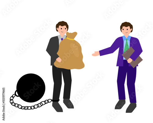 Creditor on the right and debtor on the left. Vector simple color flat illustration.