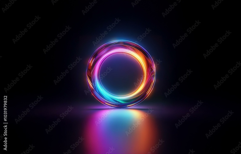 A glowing neon ring of vibrant colors sits on a dark surface, reflecting its light. A glowing neon ring of vibrant colors sits on a dark surface, reflecting its light.