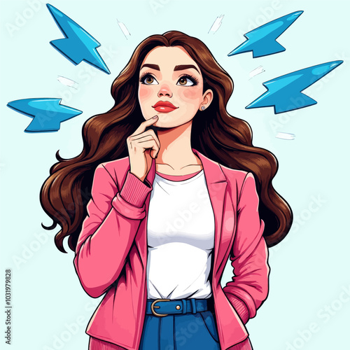 Thinking Woman with Blue Lightning Bolts 
