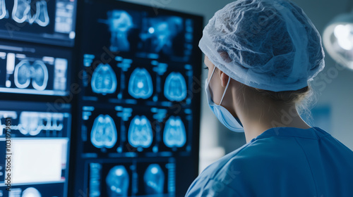 A medical professional reviewing MRI scans in a healthcare setting, emphasizing advanced imaging technology and patient diagnostics in modern medicine.