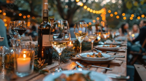 Obraz na płótnie A festive outdoor dinner party setting with a beautifully decorated table featuring wine bottles, glasses, candles, and plates of food under string lights during twilight w salonie