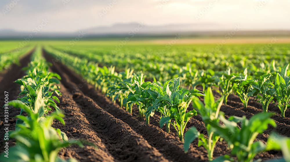 A vibrant field of green plants stretches towards the horizon under a clear sky, showcasing the beauty of nature and agriculture in a serene landscape during golden hour. A vibrant field of green plants stretches towards the horizon under a clear sky, showcasing the beauty of nature and agriculture in a serene landscape during golden hour.