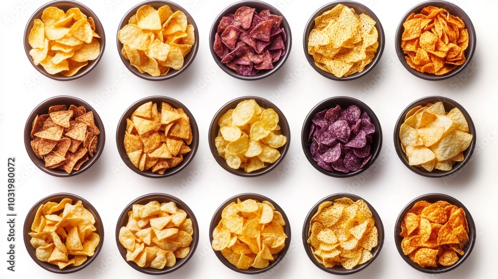 Assortment of various flavored potato chips in bowls, snack food variety, top view Assortment of various flavored potato chips in bowls, snack food variety, top view