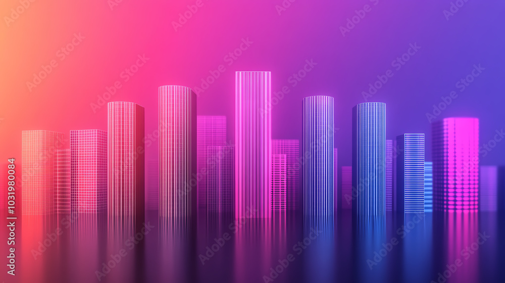 A vibrant city skyline featuring colorful skyscrapers with a reflective surface, set against a gradient background of pink and purple hues, creating a modern urban atmosphere. A vibrant city skyline featuring colorful skyscrapers with a reflective surface, set against a gradient background of pink and purple hues, creating a modern urban atmosphere.