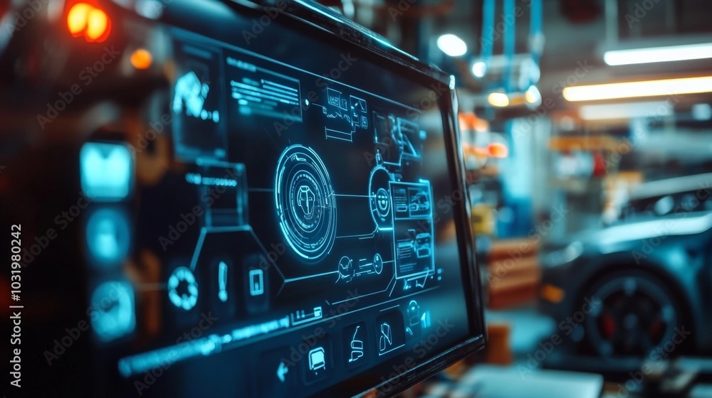 Closeup of a computer monitor displaying digital data and information for car repair, maintenance, and diagnostics. futuristic concept. Closeup of a computer monitor displaying digital data and information for car repair, maintenance, and diagnostics. futuristic concept.