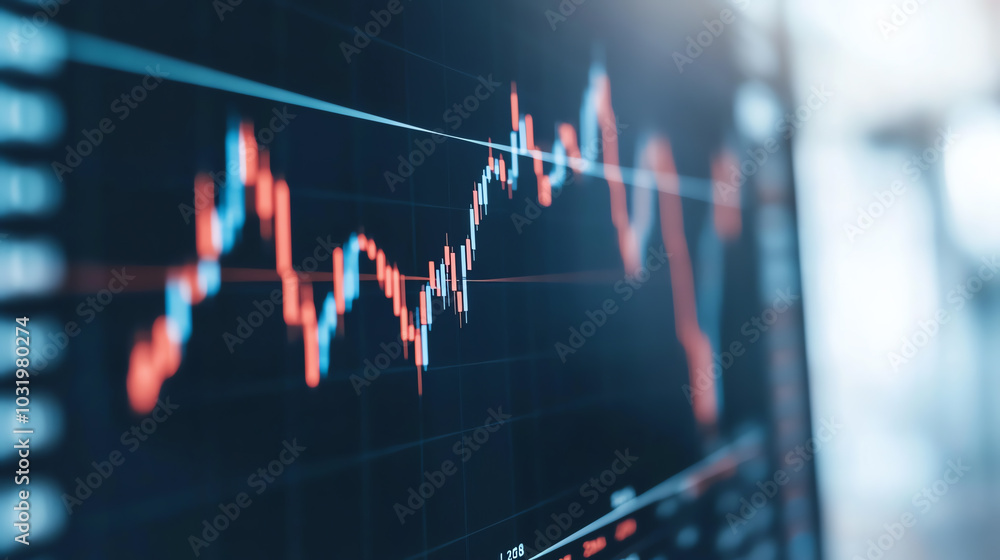 Abstract stock market graph displaying fluctuating financial data with red and blue lines on a dark background. Represents investment trends and economic analysis.