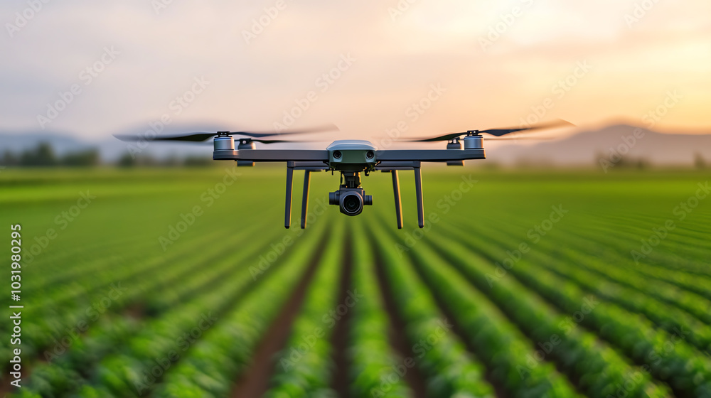 Aerial drone flying over a lush green agricultural field during sunset, showcasing modern farming technology and landscape beauty. Aerial drone flying over a lush green agricultural field during sunset, showcasing modern farming technology and landscape beauty.
