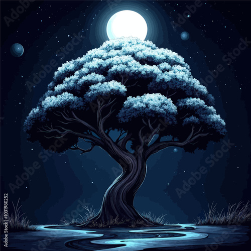 Tree Under Full Moon and Stars 
