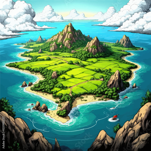 Tropical Island With Lush Green Fields and Mountains