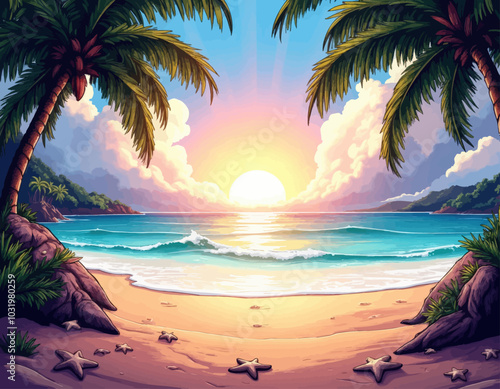 Tropical Beach Sunset with Palm Trees