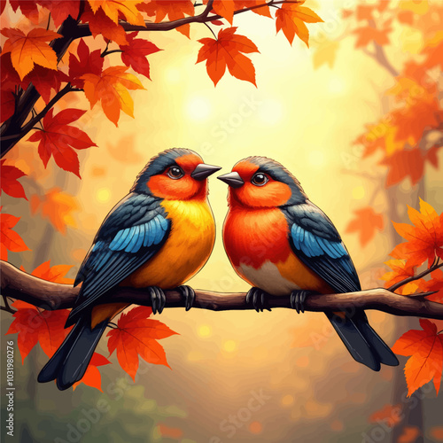 Two Birds Perched on Branch with Autumn Leaves 
