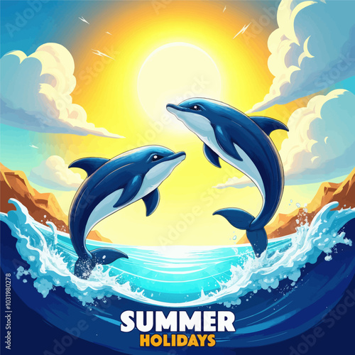 Two Dolphins Jumping in the Ocean During Summer 
