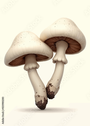 Two White Mushrooms with Brown Spots on Stems