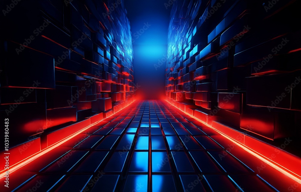 A dark, futuristic hallway lined with reflective blocks and illuminated by red and blue lights. A dark, futuristic hallway lined with reflective blocks and illuminated by red and blue lights.