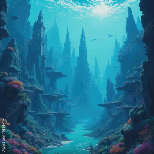 Underwater Cityscape with Coral Reefs 
