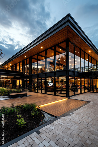 Modern building with glass facade and lights