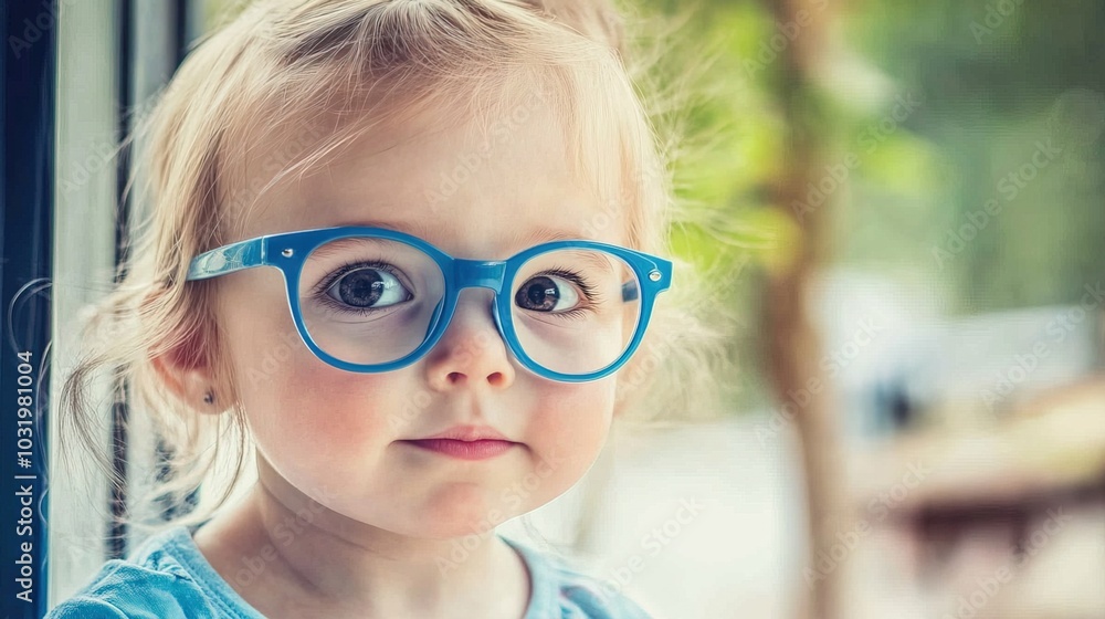 Young child wearing blue glasses focusing on distant tree outside window, symbolizing myopia prevention and importance of outdoor activities. Young child wearing blue glasses focusing on distant tree outside window, symbolizing myopia prevention and importance of outdoor activities.