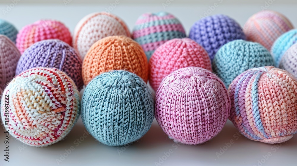 Colorful handcrafted knit balls arranged beautifully on a white surface showcasing vibrant textures and patterns. Generative AI Colorful handcrafted knit balls arranged beautifully on a white surface showcasing vibrant textures and patterns. Generative AI