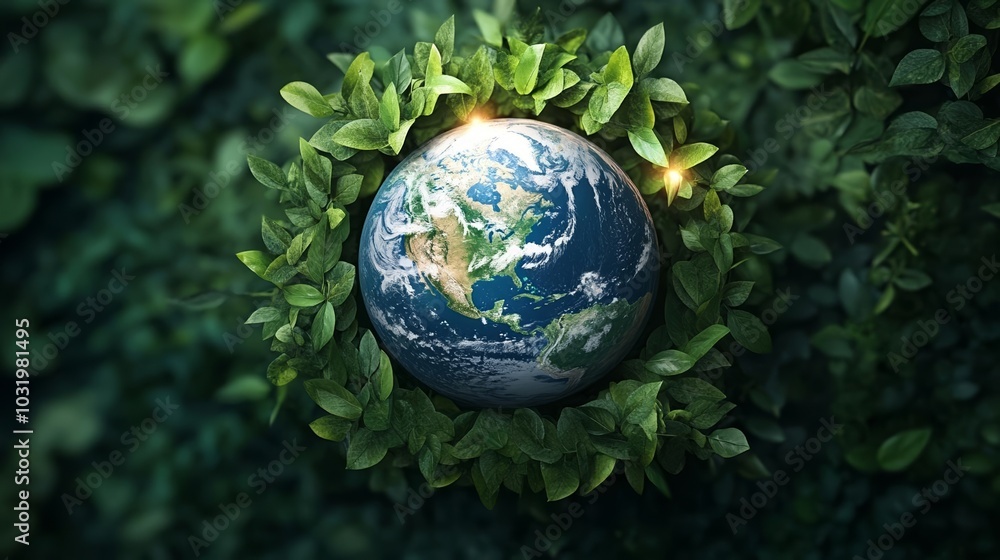 Earth surrounded by greenery, illuminated by soft light, representing sustainability, environmental protection, and nature preservation Earth surrounded by greenery, illuminated by soft light, representing sustainability, environmental protection, and nature preservation
