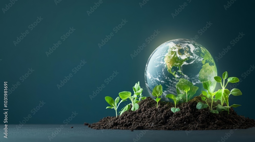 Globe resting on soil with plants, glowing in soft light, symbolizing Earth Day and environmental conservation, deep blue background Globe resting on soil with plants, glowing in soft light, symbolizing Earth Day and environmental conservation, deep blue background