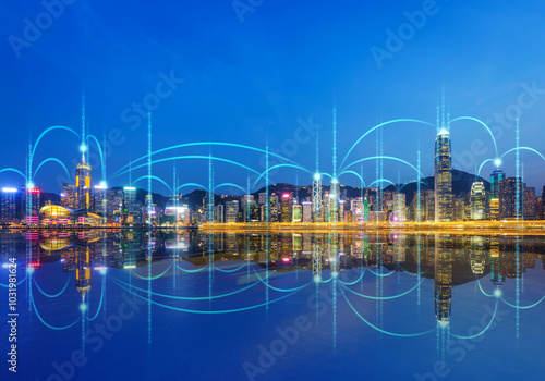 Smart digital network and Connection city of Hong Kong business technology concept