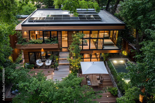 Modern home with solar panels and greenery