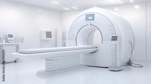 Modern medical MRI scanner in a pristine white room, sleek design and soft lighting, advanced healthcare technology setup