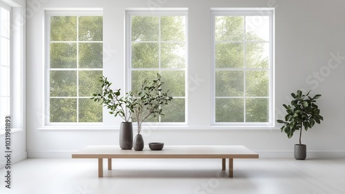 Minimalist living room with a low coffee table and large windows, mock-up for decor or branding, bright and uncluttered design photo